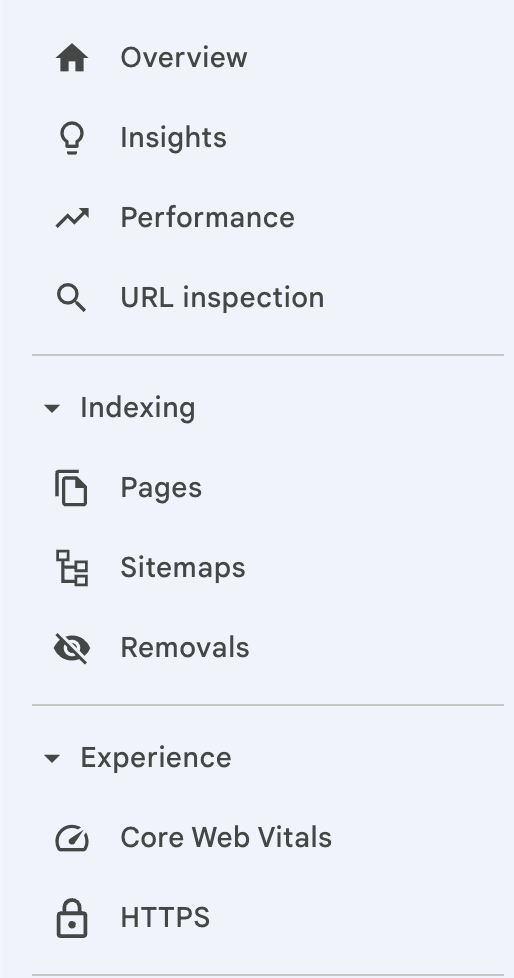 Google Search Console Menüleiste Übersicht