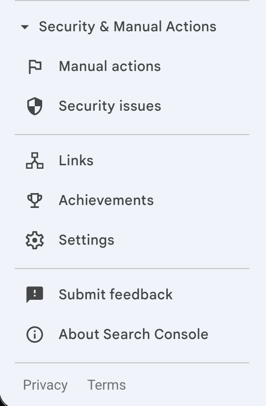 Google Search Console Menüleiste Bereiche