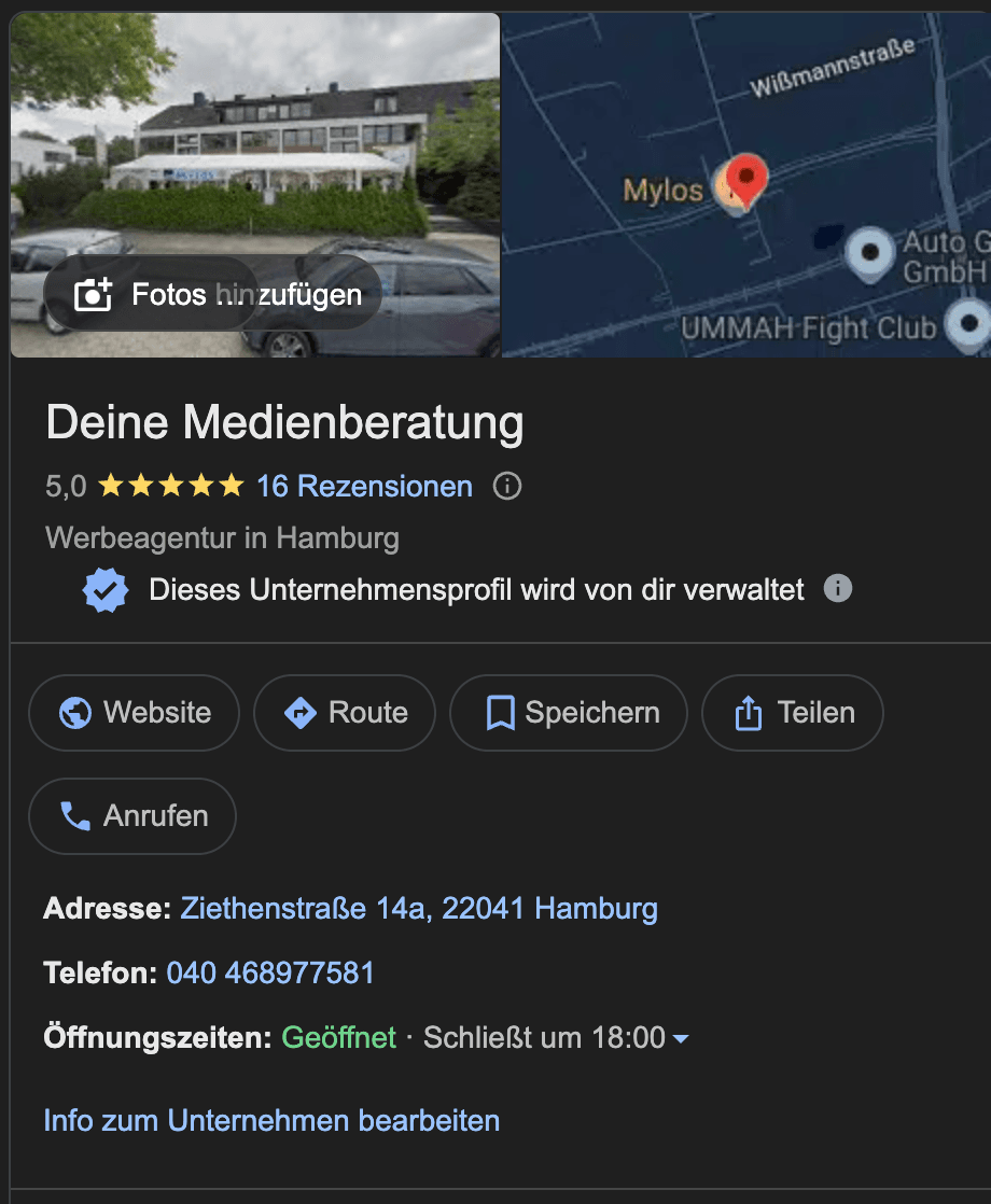 Google Unternehmensprofil von deine Medienberatung Hamburg mit 5,0 Sternen, 16 Rezensionen, Adresse und Öffnungszeiten in Google Maps