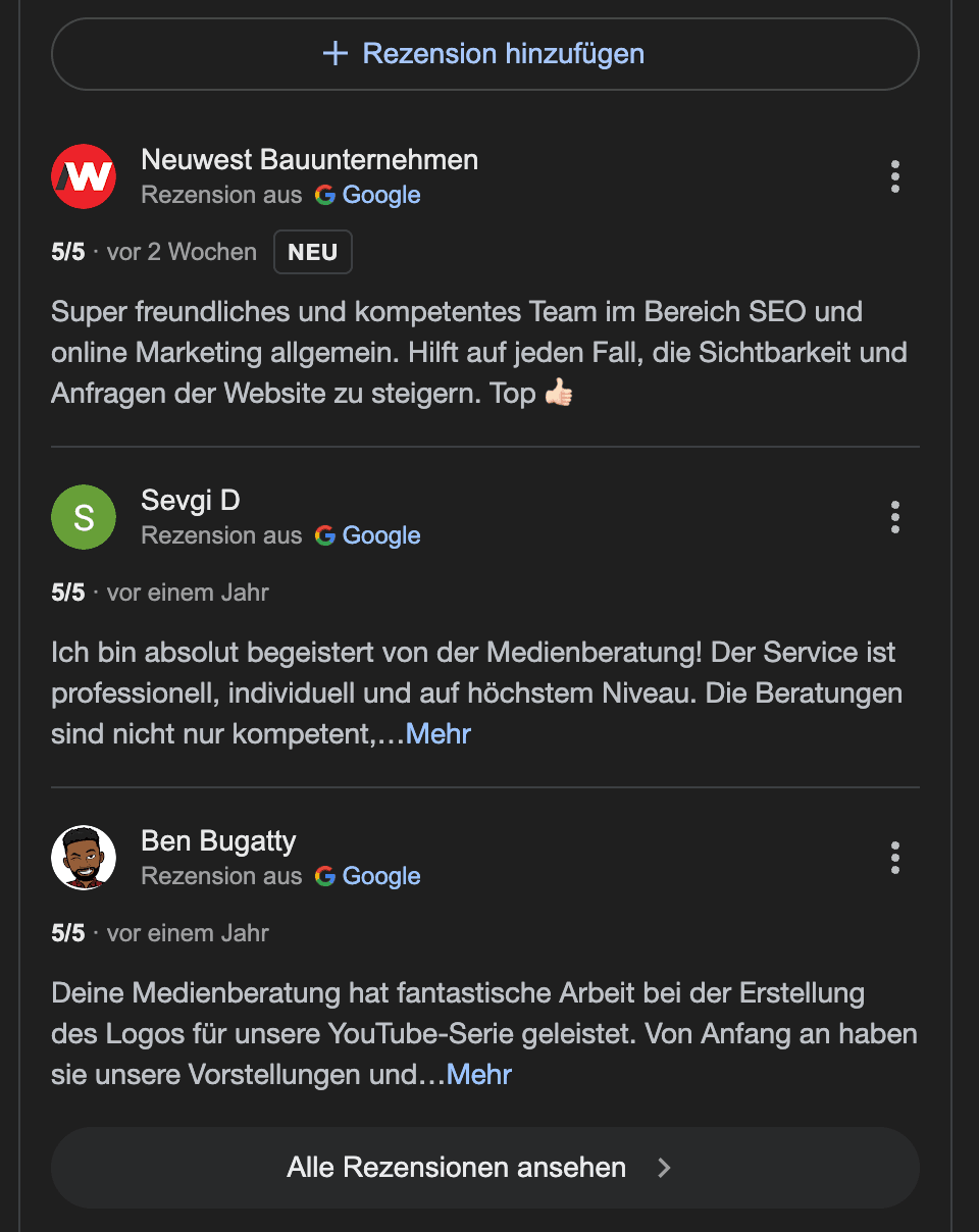 Google Rezensionen von deine Medienberatung Hamburg mit 5-Sterne-Bewertungen von Kunden